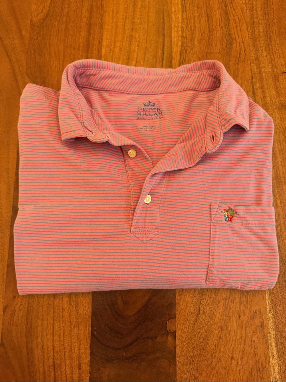 Men’s Peter Millar Polo - Turtle Embroidery - Pink/Green Striped - Large